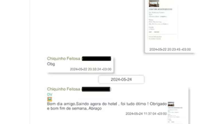 Di&aacute;logo em que o banqueiro Daniel Vorcaro acerta com o ex-senador Chiquinho Feitosa, &agrave; &eacute;poca cunhado do ministro do STF Gilmar Mendes, hospedagem em hotel em S&atilde;o Paulo